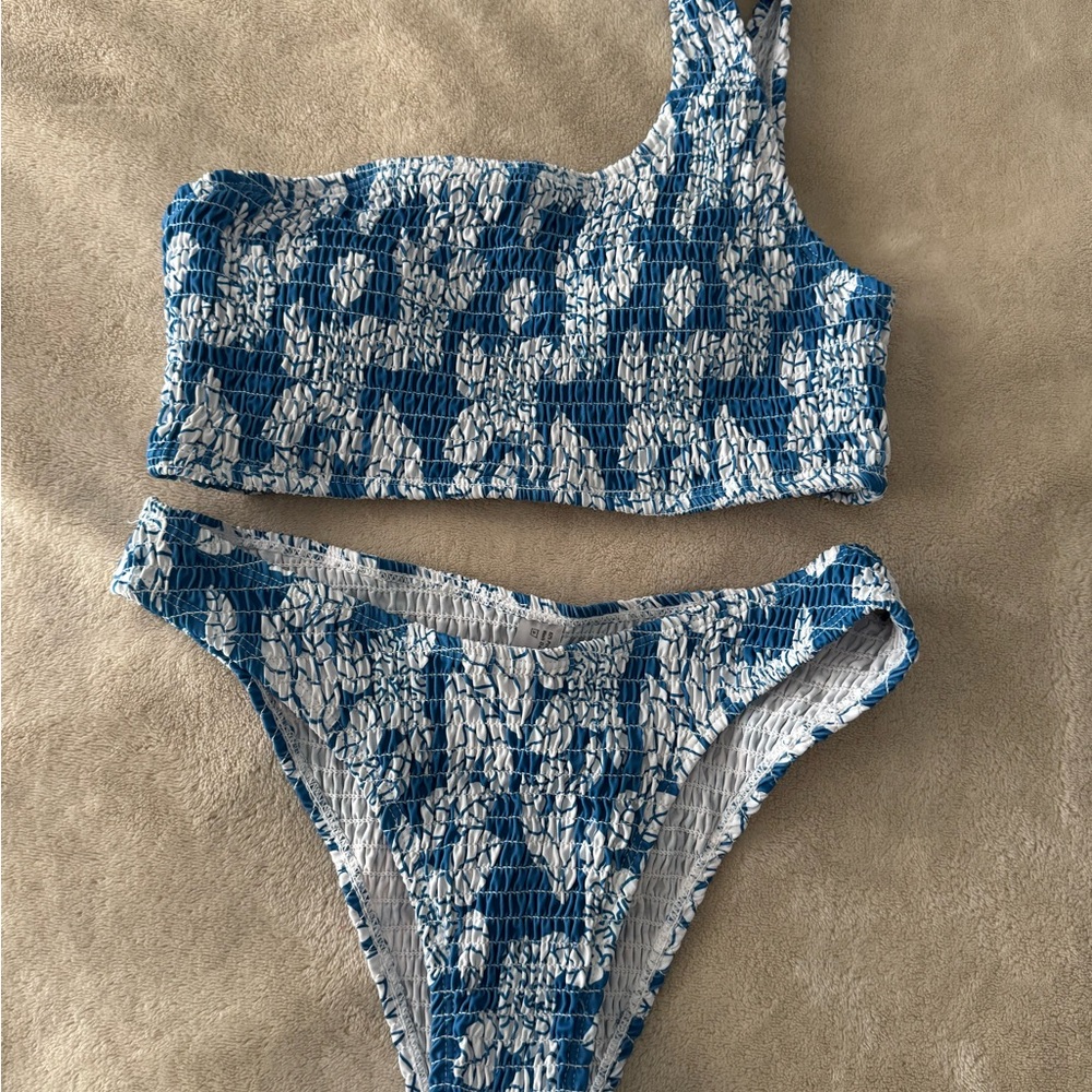 Blue and White One-Shoulder Bikini Set